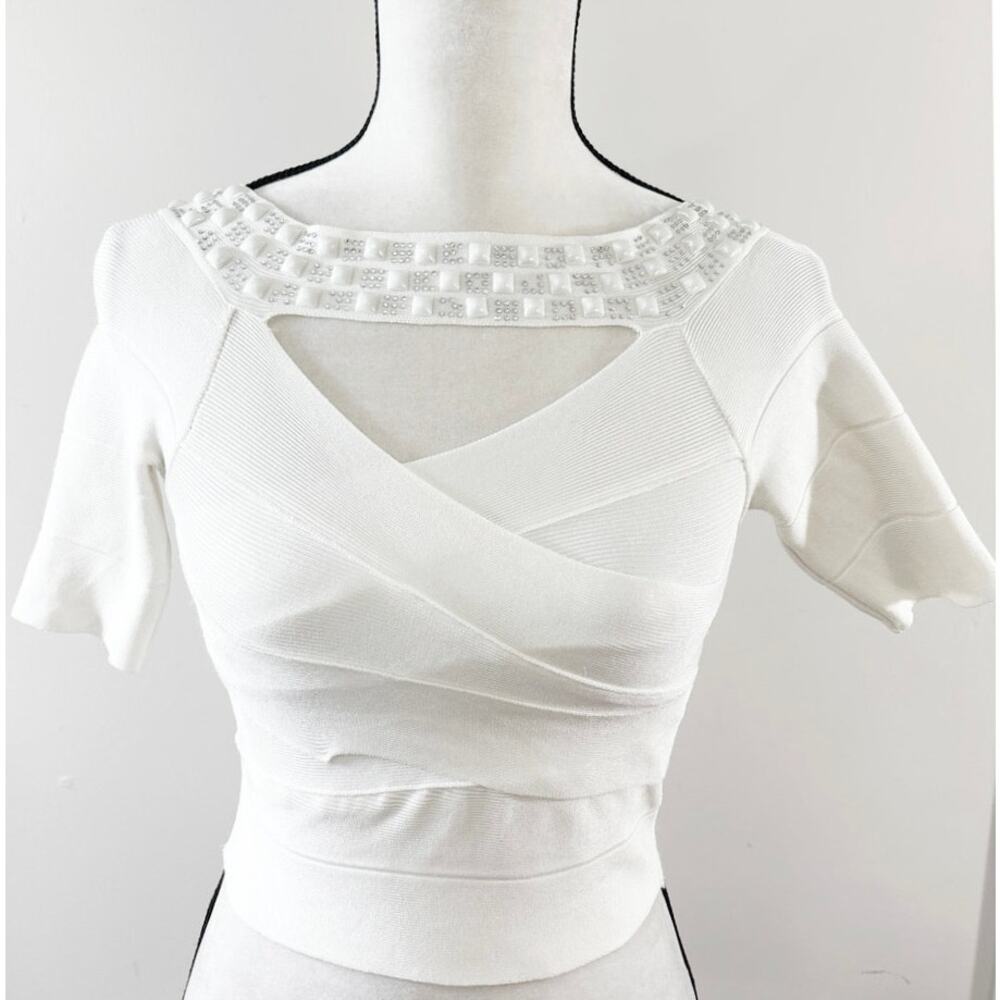Bebe White Bandage Rhinestone Crop Top